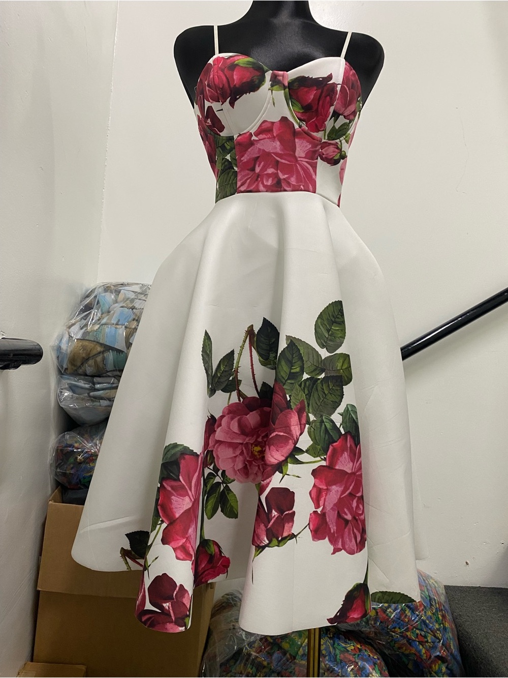 White Floral Fit-and-Flare Dress with Pink Rose Print